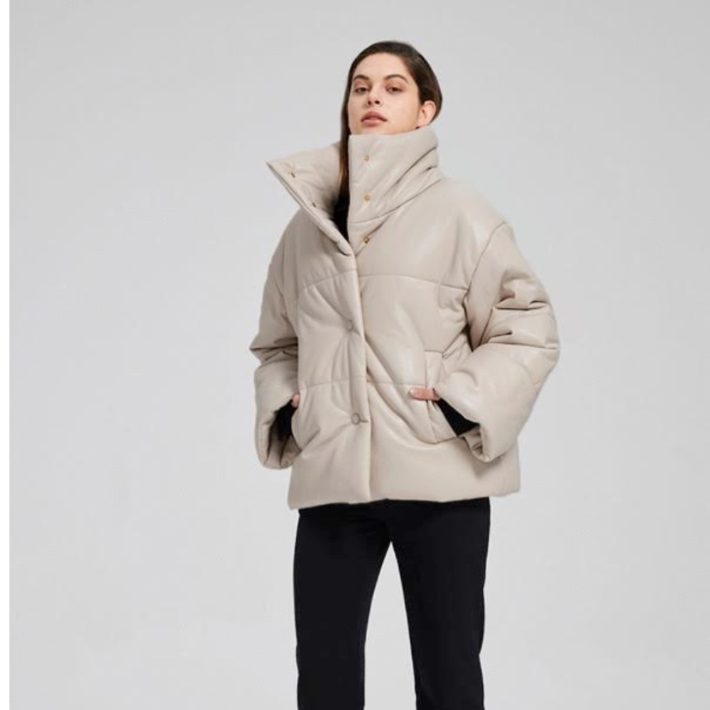 Cream Faux-Leather Puffer Jacket